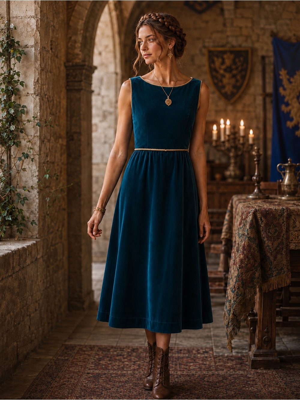 Handmade Teal Velvet Midi Dress Gold Trim Renaissance Medieval Cottagecore